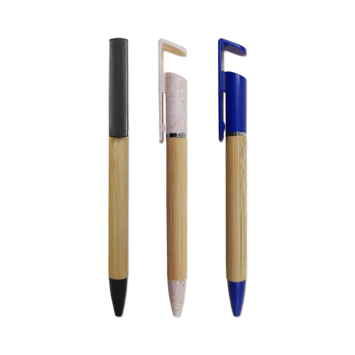 Caneta Esferográfica Corpo em bambu Com Suporte para Celular-060B