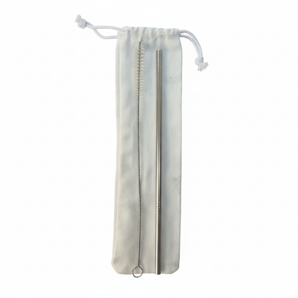 Kit Canudo Inox  Reutilizável e escova Com Saquinho De Algodão Cru-PA-215-1-3